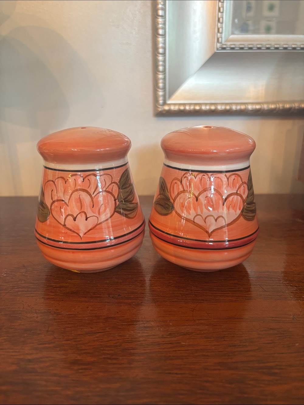 Hand-Painted Ceramic Salt & Pepper Shakers in Coral Floral